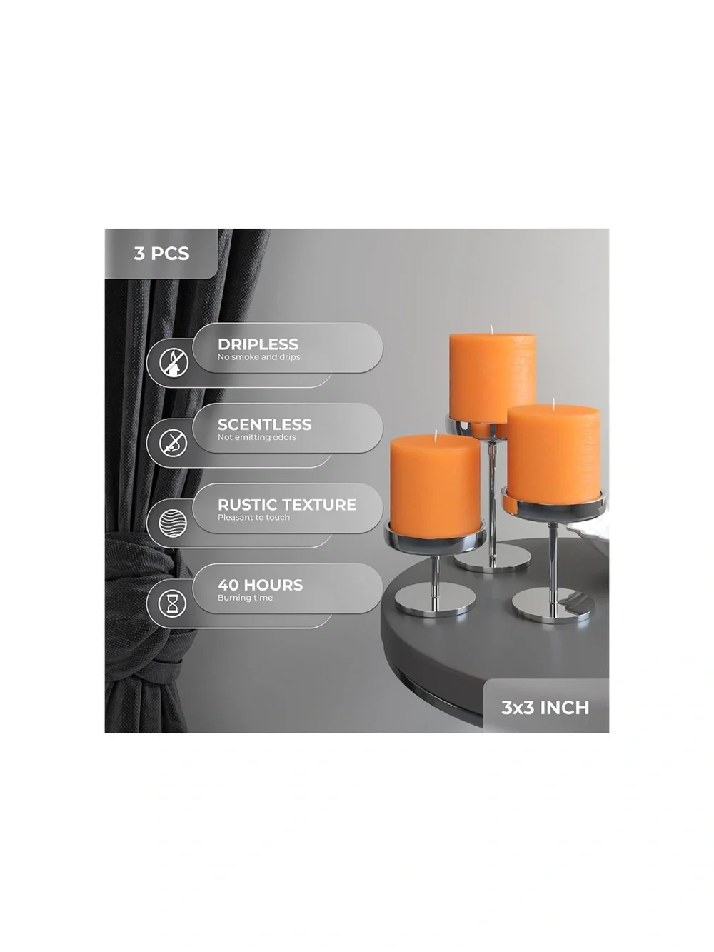 Set of 3 Orange Pillar Candles - Unscented Decorative Candles 3x3”